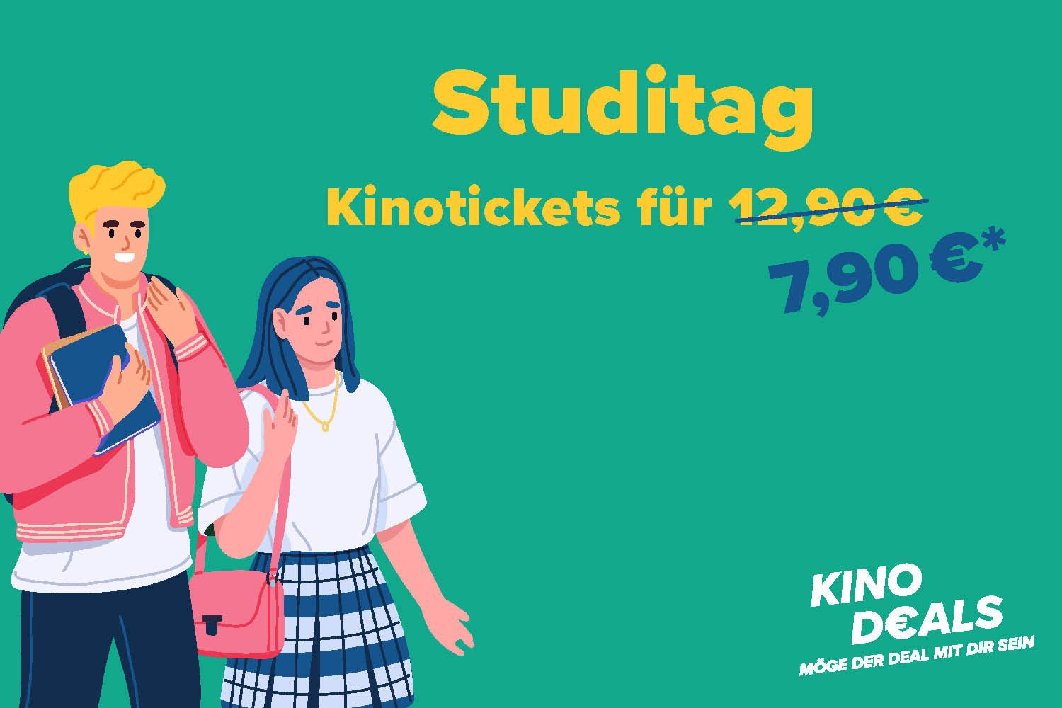 Hier sieht man eine Person auf blauem Hintergrund, die glücklich auf den Schriftzug "Studitag" schaut. 