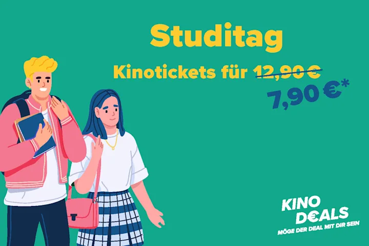 Hier sieht man eine Person auf blauem Hintergrund, die glücklich auf den Schriftzug "Studitag" schaut.