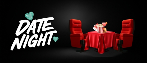 Banner „Date Night“ mit zwei roten Kinosesseln und einem Tisch mit rotem Tuch, Popcorn, Getränk und Burger. Zwei grüne Herzen schmücken den Schriftzug auf schwarzem Hintergrund.