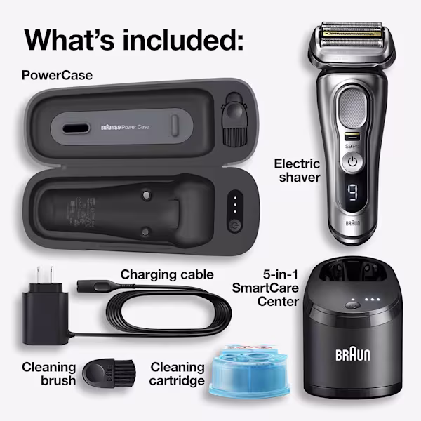 What's included: Series 9 Pro electric shaver, travel case, 5-in-1 SmartCare center, cleaning brush, cleaning cartridge, smart plug charging cable, and PowerCase.