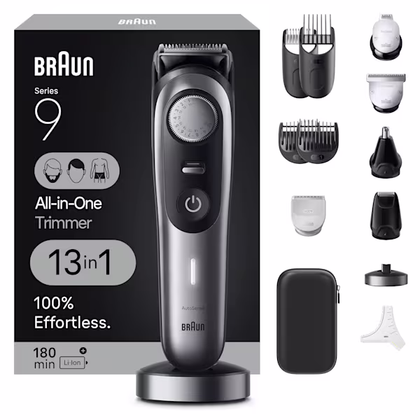 All-in-One Series 9 Trimmer, 13-in-1 Kit, 9440 with box packaging, travel case, and charging stand. All-in-One Series 9 Trimmer, 13-in-1 Kit, 9440 with box packaging, travel case, and charging stand.