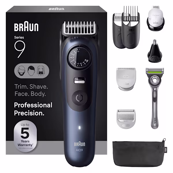 Braun Series 9 PRO AIO9550 next to its box, with full set of accessories for beard, body and hair.