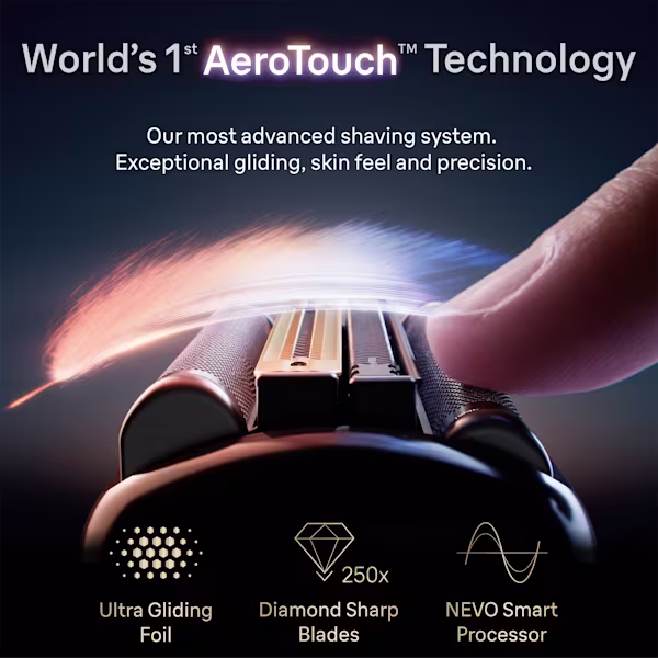 Finger touching Braun NEVO shaver head showcasing AeroTouch technology and other benefits. Finger touching Braun NEVO shaver head showcasing AeroTouch technology and other benefits.