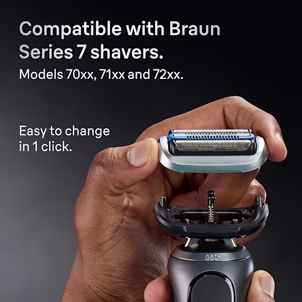 Hands replacing Braun Series 7 shaver head, compatible with Series 7 versions 70, 71, and 72, shown being changed easily in one click Hands replacing Braun Series 7 shaver head, compatible with Series 7 versions 70, 71, and 72, shown being changed easily in one click