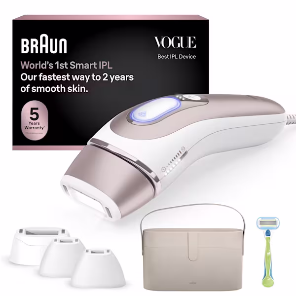 Braun IPL device with a vanity case, three attachments, and a Venus green and blue razor. Braun IPL device with a vanity case, three attachments, and a Venus green and blue razor.