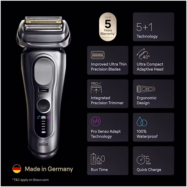 Braun S9 Pro+ shaver, highlighting its 5-year warranty, 5+1 technology, ultra-thin blades, and integrated precision trimmer.