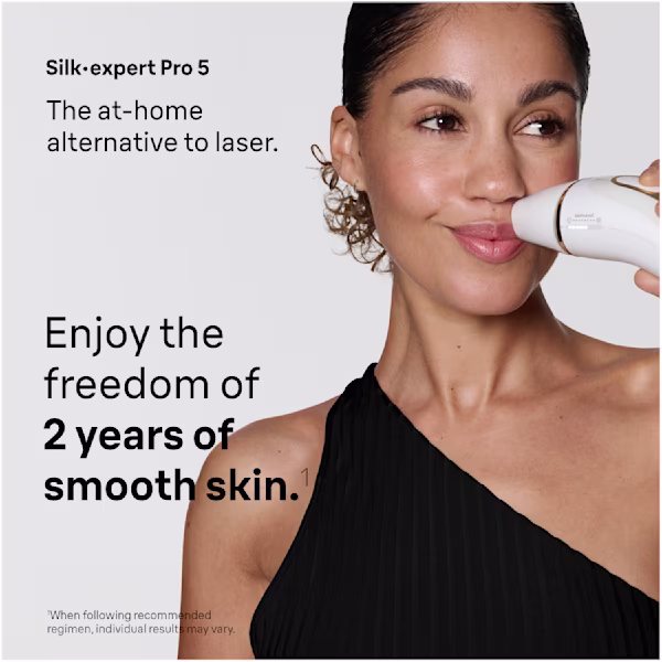 A woman using the Braun Silk·expert Pro 5 on her upper lip.