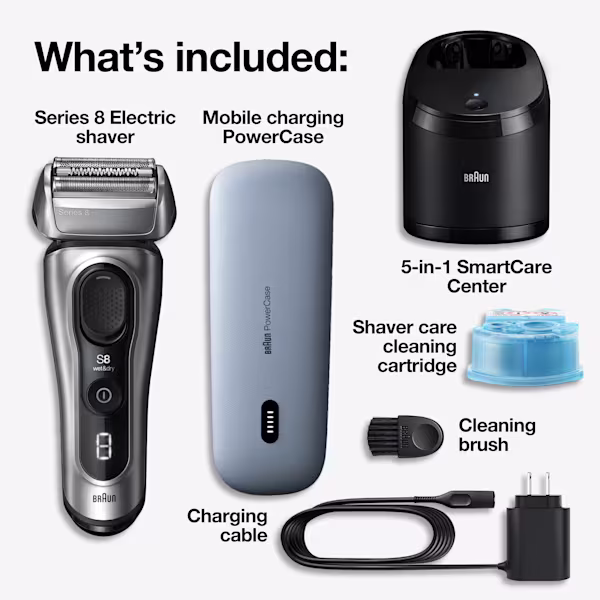 What's included: Series 8 electric shaver, travel case, 5-in-1 SmartCare center, cleaning brush, cleaning cartridge, smart plug charging cable.