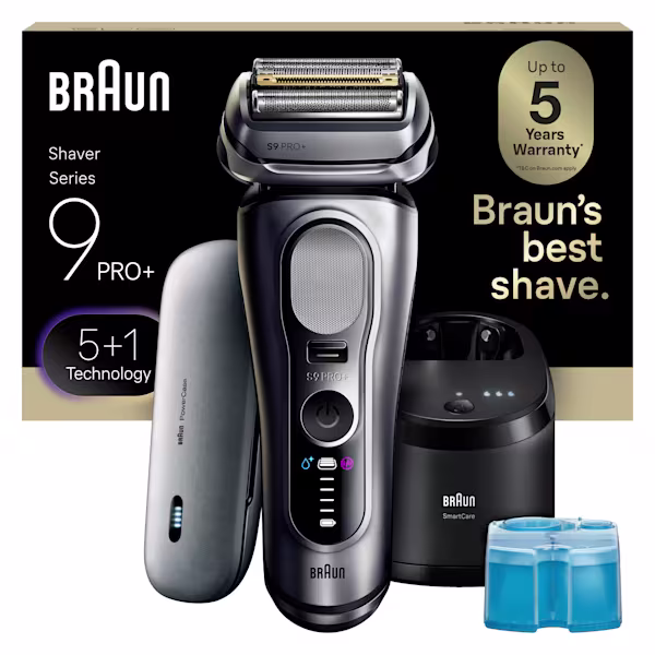 Braun Series 9 Pro+ shaver with SmartCare charging station, cleaning cartridge, and travel case included. 