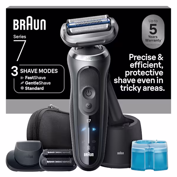 Braun Series 7 7185cc electric shaver kit with SmartCare center, stubbler trimmer, precision head, and packaging labeled “Closer Faster Shave” Braun Series 7 7185cc electric shaver kit with SmartCare center, stubbler trimmer, precision head, and packaging labeled “Closer Faster Shave”