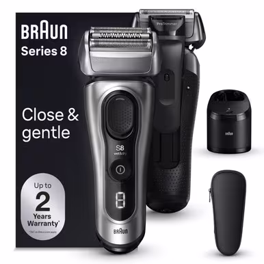 Braun Series 8 wet and dry electric shaver with shaver, box packaging, SmartCare center, and a travel case.