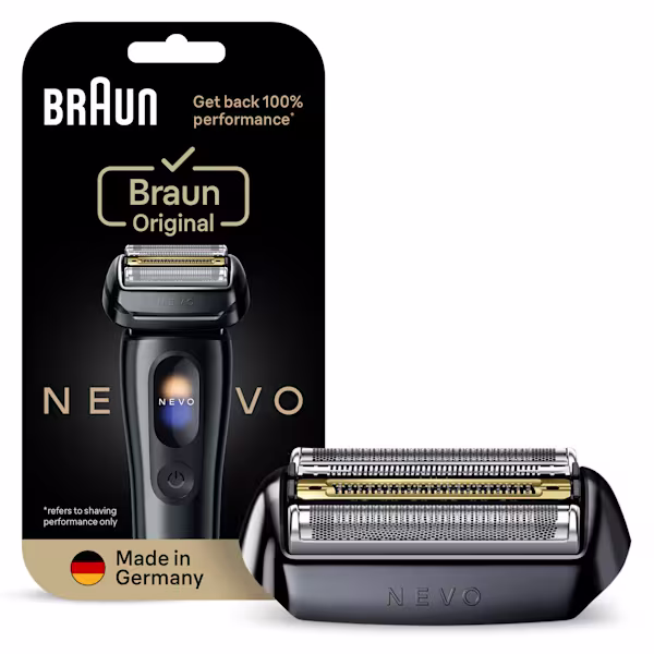 Braun NEVO-B replacement shaver head in packaging, restores 100% performance, made in Germany. Braun NEVO-B replacement shaver head in packaging, restores 100% performance, made in Germany.
