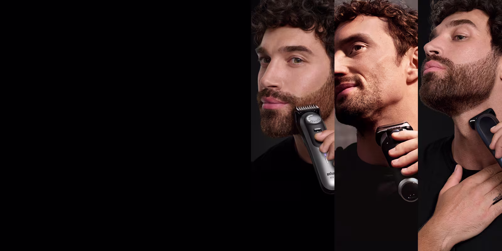 Men using Braun trimmers and shavers for trimming, shaving, and grooming.