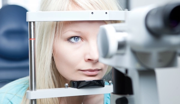 Лечить покраснение глаз самостоятельно не рекомендуется Женщина проходит диагностику у офтальмолога