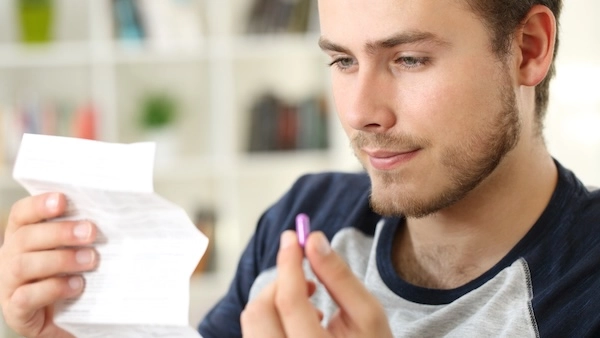 Мужчина читает инструкцию к антибиотикам Мужчина держит в руке капсулу с антибиотиком