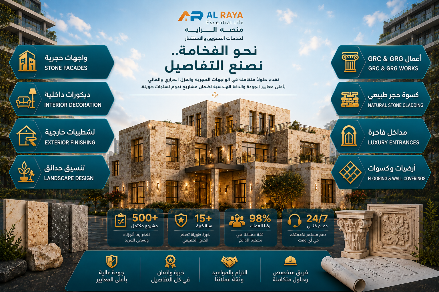 الواجهات الحجرية والعزل الحراري والمائي بأعلى معايير الجودة والاحترافية