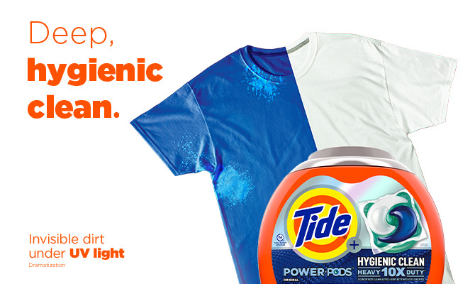 Tide Hygienic Clean Heavy Duty 10x Power PODS removes visible and invisible dirt - invisible dirt under UV light dramatization