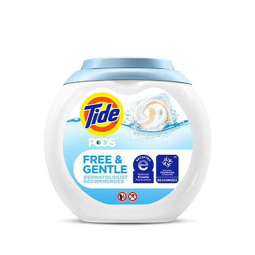 Tide PODS Free and Gentle Laundry Detergent comes in a circular, white, plastic tub, with a light blue label and cap.