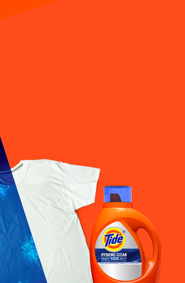 A stained white t-shirt under UV light and a bottle of Tide Hygienic Clean Heavy Duty 10x Liquid Detergent