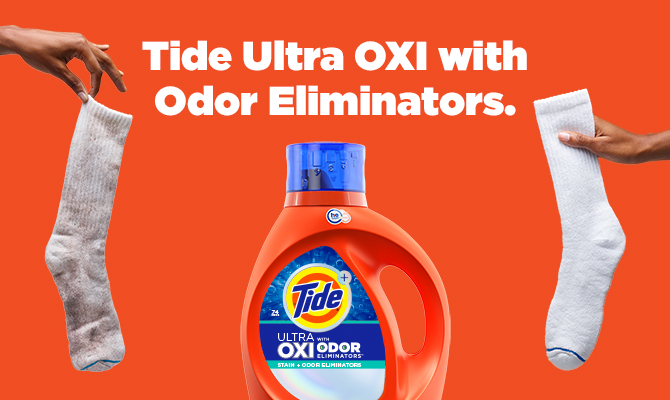 Tide Ultra OXI Liquid Laundry Detergent with Odour Eliminators removes stains and fights odors.