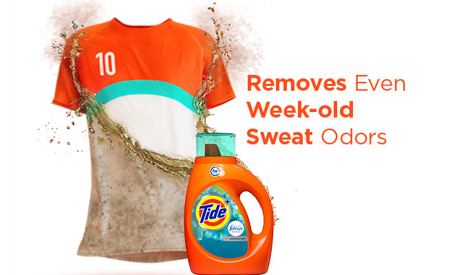 Tide Plus Febreze Botanical Rain High Efficiency Liquid removes even week-old sweat odors.