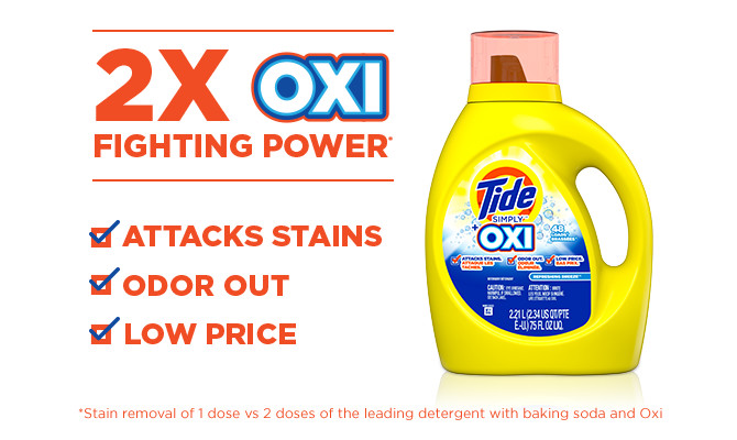 Tide Simply OXI Liquid Laundry Detergent with twice the Oxi fighting power* fights stains and odors and is available at a low price. *Stain removal of 1 dose vs. 2 doses of the leading detergent with baking soda and Oxi.