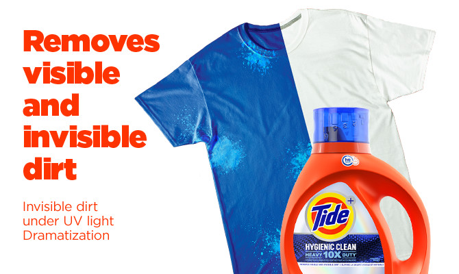 Tide Hygienic Clean Heavy Duty 10x Liquid Detergent removes visible and invisible dirt - invisible dirt under UV light dramatization