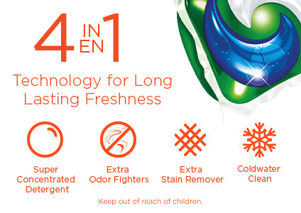 4 in 1 technology for long lasting freshness: super concentrated detergent, extra odor fighters, extra stain remover and coldwater clean