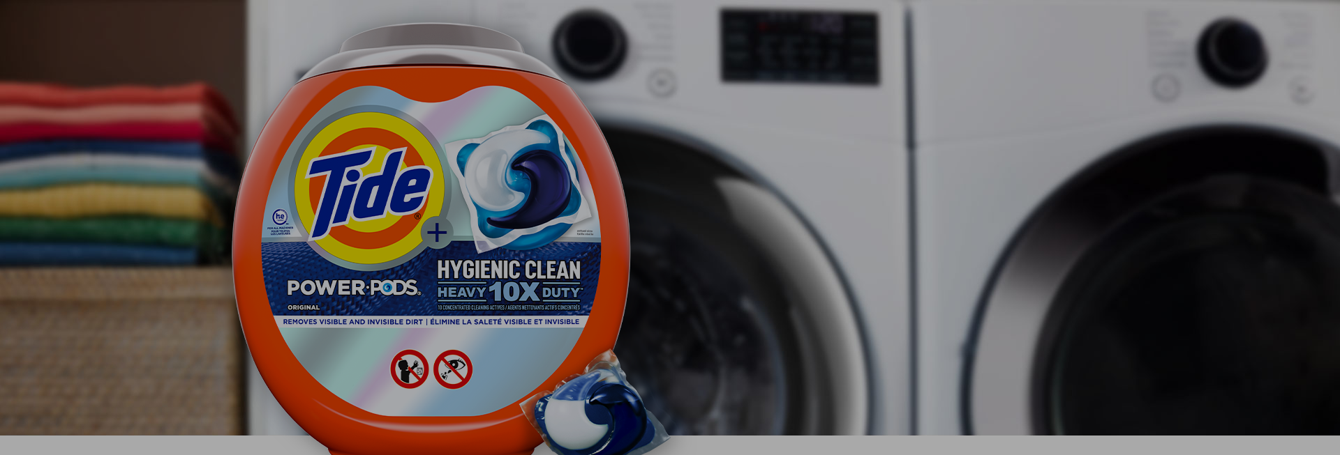 Tide Hygienic Clean Heavy Duty 10x Power PODS in fron of a washer
