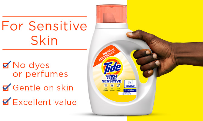 Tide Simply Free & Sensitive Liquid Laundry Detergent - for sensitive skin: no dyes or perfumes, dirt out, low price.