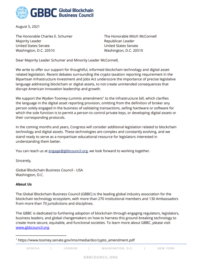 GBBC Writes to U.S. Congress in Support of the Wyden-Toomey-Lummis Amendment to the Infrastructure Bill