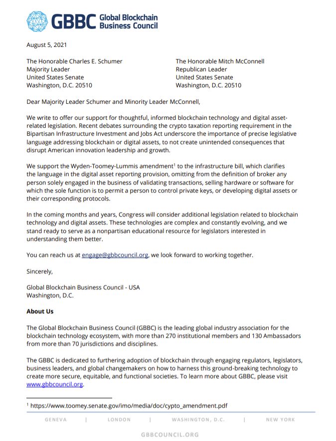 GBBC Writes to U.S. Congress in Support of the Wyden-Toomey-Lummis Amendment to the Infrastructure Bill