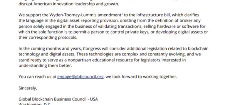 GBBC Writes to U.S. Congress in Support of the Wyden-Toomey-Lummis Amendment to the Infrastructure Bill