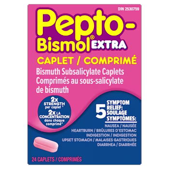 Pepto-Bismol Extra Caplets box, pink and blue, Bismuth Subsalicylate, 2x strength, 5 symptom relief, 24 caplets.