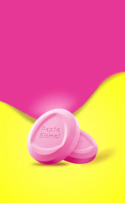 Two pink Pepto Bismol chewable tablets on a bright yellow and pink background.