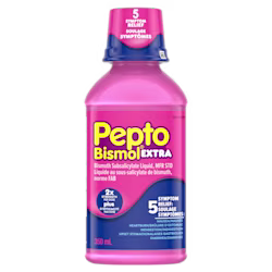 Pepto Bismol Extra liquid bottle, 350mL, pink with blue cap, 5 symptom relief, 2x strength per dose.