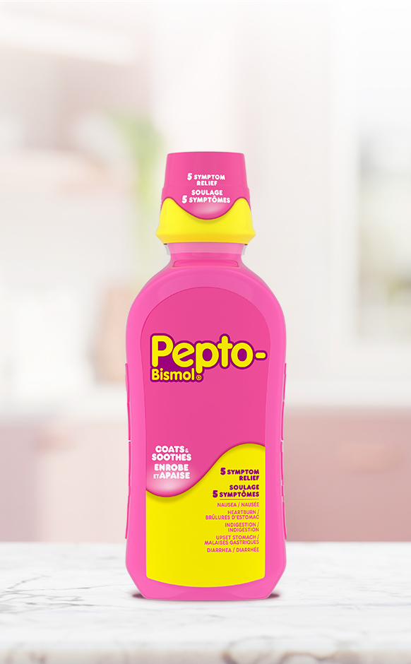 Pink Pepto-Bismol liquid bottle with yellow cap and label, offering 5 symptom relief for nausea, heartburn, and indigestion.