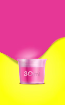A small, translucent plastic measuring cup filled with pink liquid up to the 30ml mark, centered against a vibrant background of split pink and yellow colors.