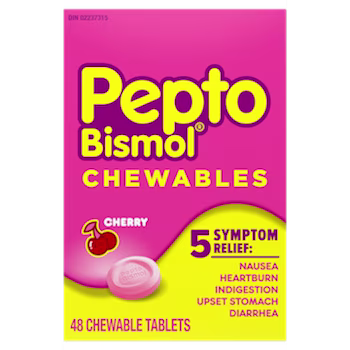 Pink and yellow Pepto Bismol Cherry Chewables box, 48 tablets, offering 5-symptom relief for nausea, heartburn, and more.