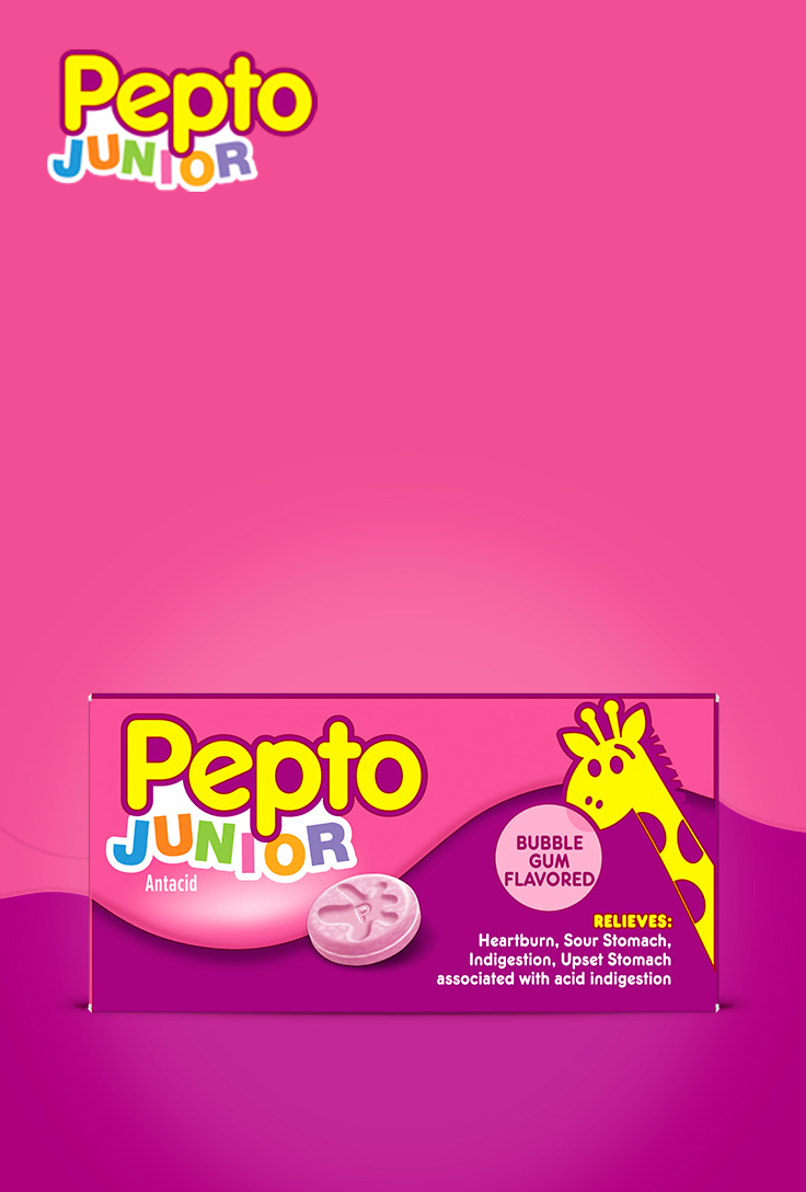Pepto Junior antacid box in pink featuring a giraffe, bubble gum flavored chewable tablets, on a bright pink background.