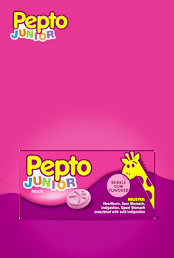 Pepto Junior antacid box in pink featuring a giraffe, bubble gum flavored chewable tablets, on a bright pink background.