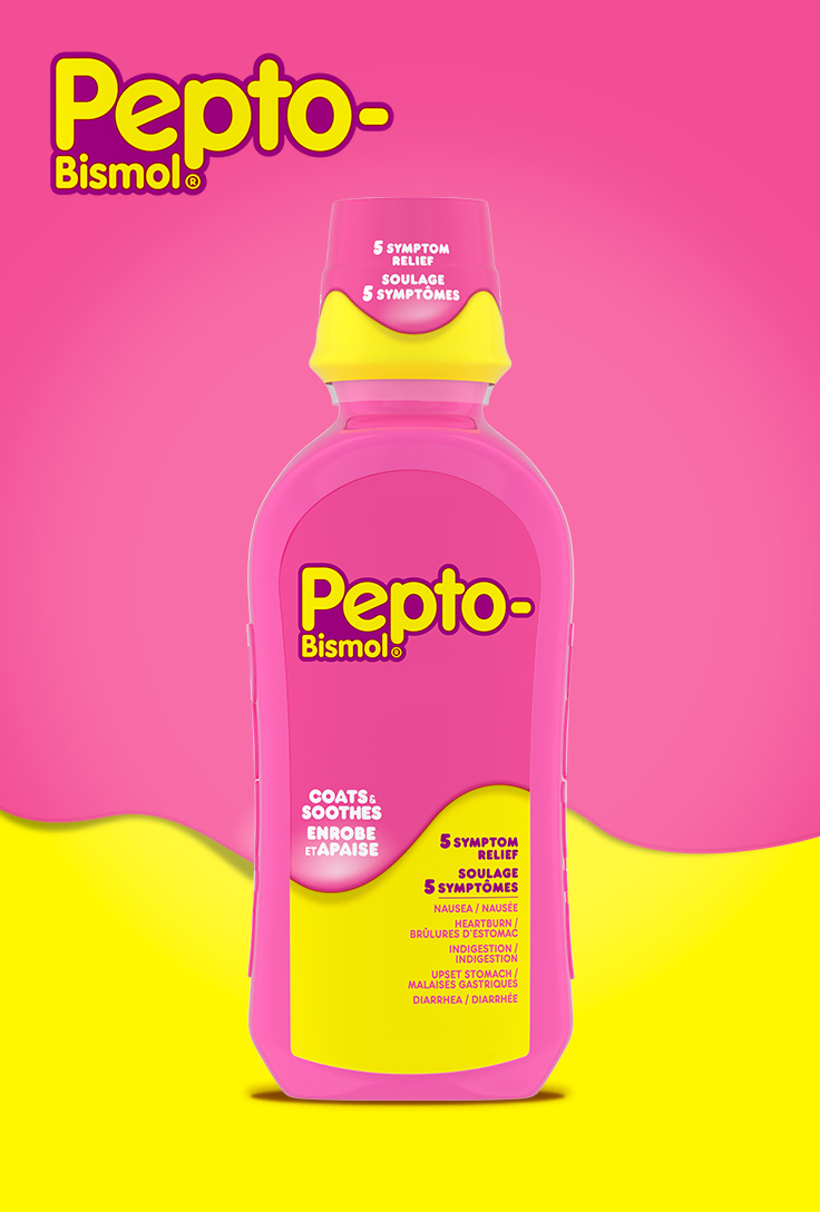 Pink Pepto-Bismol liquid bottle with yellow cap on a pink and yellow background, labeled 5 symptom relief.