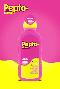 Pink Pepto-Bismol liquid bottle with yellow cap on a pink and yellow background, labeled 5 symptom relief.