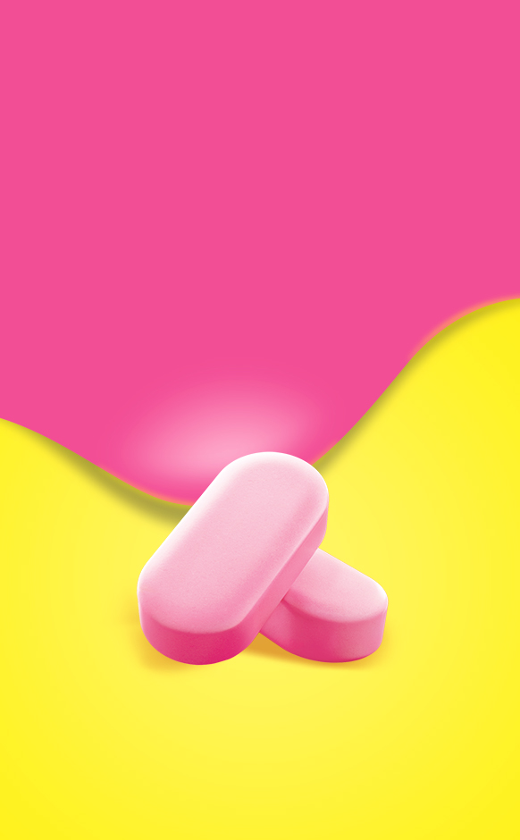 Two pink oval tablets on a bright yellow background with a bold pink wave shape above them.