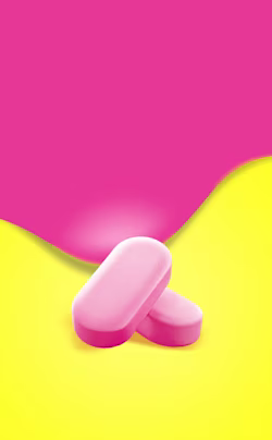 Two pink oval tablets on a bright yellow background with a bold pink wave shape above them.