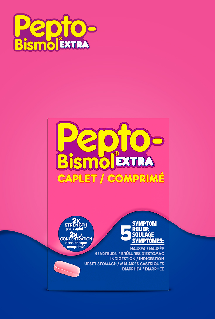 Pepto-Bismol Extra Caplet box on a pink background, featuring 2x strength and 5 symptom relief details with a pink caplet shown.