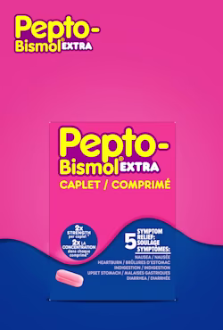 Pepto-Bismol Extra Caplet box on a pink background, featuring 2x strength and 5 symptom relief details with a pink caplet shown.