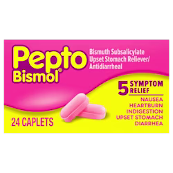 Pepto Bismol 5 Symptom Relief antidiarrheal upset stomach reliever, 24 pink caplets, pink and yellow packaging.