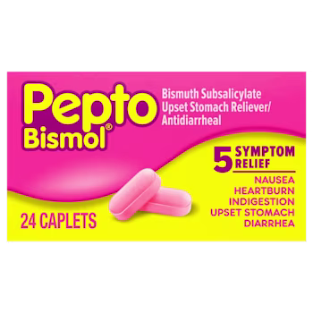 Pepto Bismol 5 Symptom Relief antidiarrheal upset stomach reliever, 24 pink caplets, pink and yellow packaging.