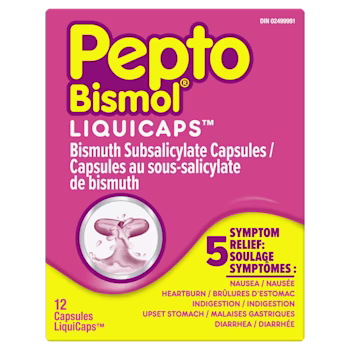 Pepto Bismol LiquiCaps pink box, 12 bismuth subsalicylate capsules for 5-symptom relief including nausea and diarrhea.